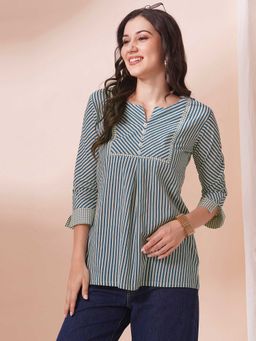 Kami Kubi - Blue Stripes Printed Round Neck Comfortable Top