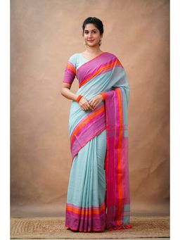 Sutisancha - Luxe Loom Sky Blue Cotton Pink Saree with Unstitched Blouse