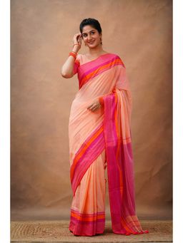 Sutisancha - Luxe Loom Peach Cotton Pink Saree with Unstitched Blouse