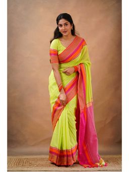 Sutisancha - Luxe Loom Green Cotton Pink Saree with Unstitched Blouse