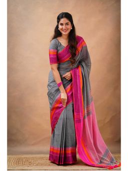 Sutisancha - Luxe Loom Grey Cotton Pink Saree with Unstitched Blouse