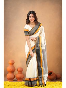 Sutisancha - Luxe Loom White Cotton Black Saree with Unstitched Blouse