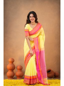 Sutisancha - Luxe Loom Yellow Cotton Pink Saree with Unstitched Blouse