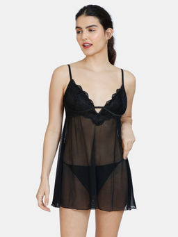 Zivame - Lace N Mesh Baby Doll With Thong - Black