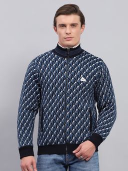 Monte Carlo - Mens Blue Geometric High Neck Full Sleeve Jacket
