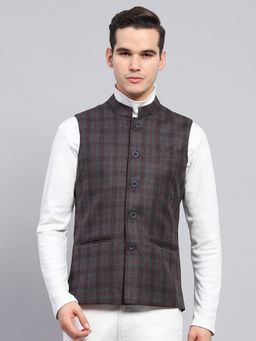Monte Carlo - Mens Dark Grey Checkered Band Neck Sleeveless Waist Coat
