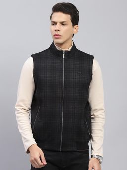 Monte Carlo - Mens Navy Blue Checkered High Neck Sleeveless Waist Coat