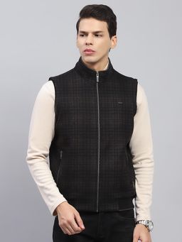 Monte Carlo - Mens Black Checkered High Neck Sleeveless Waist Coat