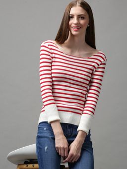 SHOWOFFFF - Women's Horizontal Stripes Square Neck White Regular Top