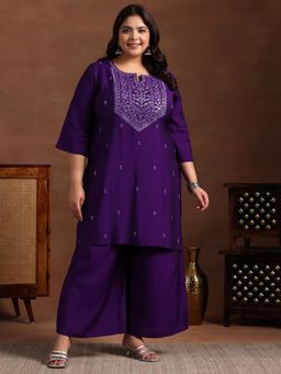 Extra love by Libas - Women Plus Size Purple Floral Yoke Short Kurta And Palazzo (Set of 2)