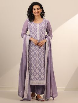 Libas Art - Purple Ethnic Motif Embroidered Kurta Pant And Dupatta (Set of 3)