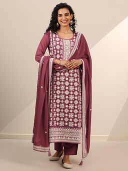 Libas Art - Pink Ethnic Motif Embroidered Kurta With Palazzo And Dupatta (Set of 3)