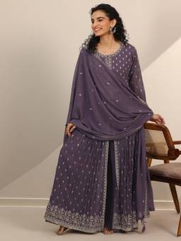 Libas Art - Lilac Zari Floral Motif Kurta And Palazzo With Dupatta (Set of 3)