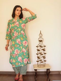 Spring Soul - Teal Floral Kurta With Striped Afghani Salwar (Set of 2)