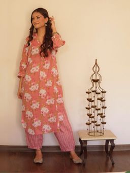 Spring Soul - Pink Floral Kurta With Striped Afghani Salwar (Set of 2)