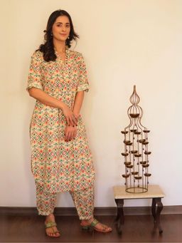 Spring Soul - Multicoloured Ikat Printed Kurta With Afghani Salwar (Set of 2)