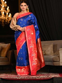 Beatitude - Royal Blue Woven Paithani Saree with Unstitched Blouse