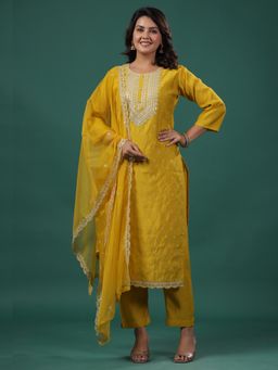 Sindh Fashion - Yellow Embellished Neck Straight Kurta with Pant and Dupatta (Set of 3)