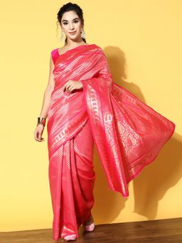 Akhilam - Womens Silk Blend Pink Woven Design Designer Saree with Unstitched Blouse