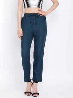 Oxolloxo - Bloom Navy Blue Casual Linen Blend Trouser