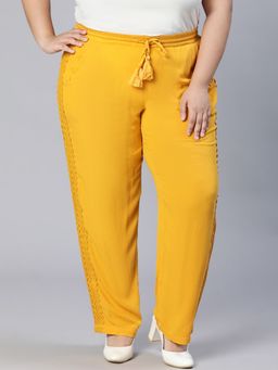 Oxolloxo - Plus Size Solid Yellow Lace Details Pant