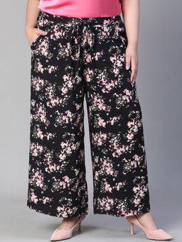 Oxolloxo - Black Floral Print Plus Size Casual Pant