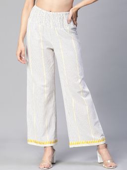 Oxolloxo - Off White Dobby Stripes Elasticated High Waist Cotton Pant