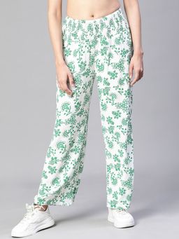 Oxolloxo - White and Green Floral Print Elasticated High Waist Pant