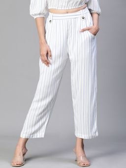 Oxolloxo - White Stripes Print Style Buttoned Cotton Trouser
