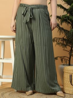 Oxolloxo - Dark Green Plus Size Stripes Print Pant with Belt (Set of 2)