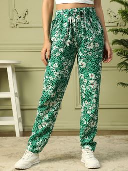 Oxolloxo - Green Floral Print Linen Cotton Pant