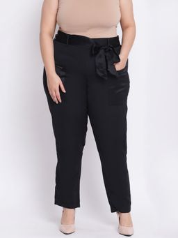 Oxolloxo - Black Solid Plus Size Trouser with Belt (Set of 2)