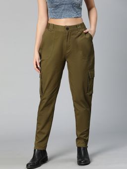 Oxolloxo - Indeed Olive Solid Elasticated Cotton Pant