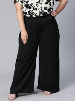 Oxolloxo - Black Solid Plus Size Wide Pant