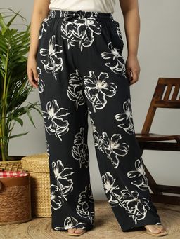 Oxolloxo - More Black Floral Print Plus Size Pant