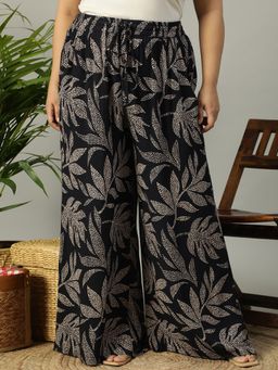 Oxolloxo - Black Tropical Rayon Print Plus Size Pant