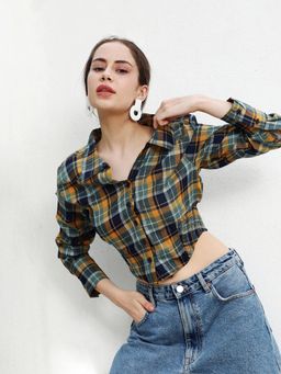 PINACOLADA - Women's Multi-Color Tartan Plaid Cinched Cropped Shirt