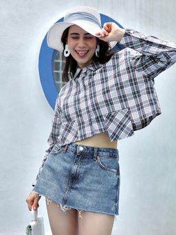 PINACOLADA - Women's Indigo Blue Tartan Plaid Crop Shirt