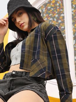 PINACOLADA - Women's Olive Tartan Plaid Crop Shirt