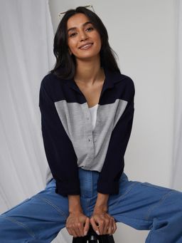 PINACOLADA - Women's Midnight Black and Moon Grey Boxy Contrast Panel Shirt