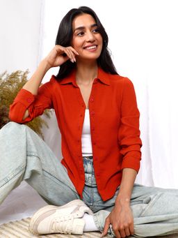 PINACOLADA - Women's Vermillion Orange Textured Regular Fit Shirt