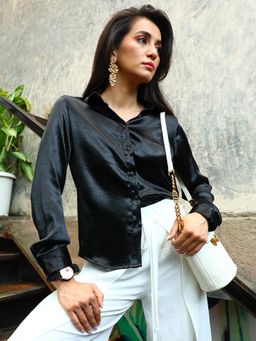 PINACOLADA - Women's Onyx Black Solid Satin Shirt