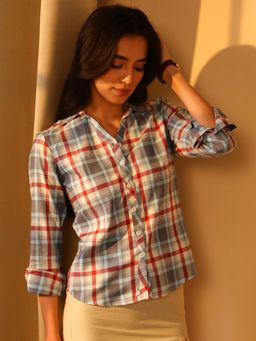PINACOLADA - Women's Icy Blue and Brick Red Tartan Plaid Boxy Shirt