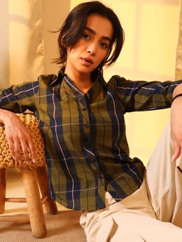 PINACOLADA - Women's Olive Tartan Plaid Boxy Shirt