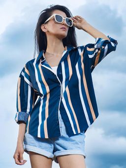 PINACOLADA - Women's Prussian Navy Blue Halo Striped Shirt