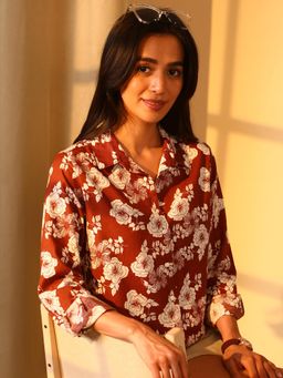 PINACOLADA - Women's Mocha Brown Floral Print Shirt