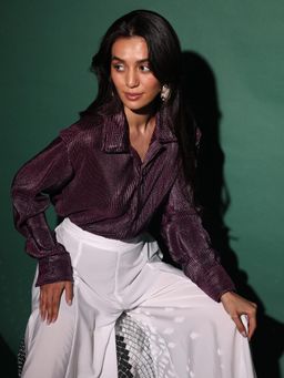 PINACOLADA - Women's Plum Purple Metallic Pleated Shirt