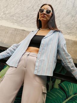 PINACOLADA - Women's Baby Blue Contrast Striped Boxy Shirt