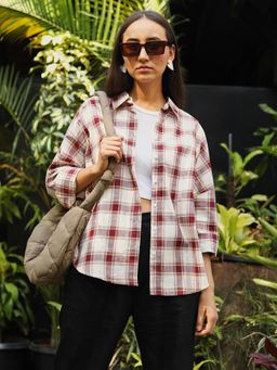 PINACOLADA - Women's Mocha Maroon Tartan Plaid Boxy Shirt