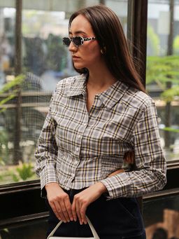 PINACOLADA - Women's Olive Tartan Plaid Cinched Cropped Shirt